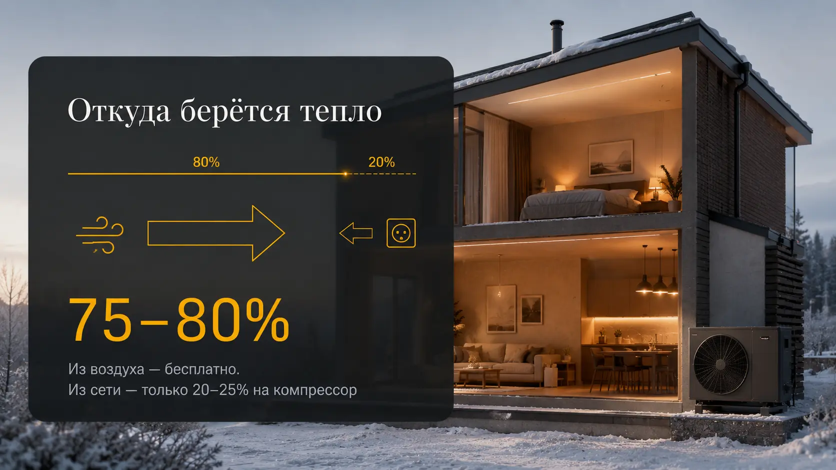 Схема теплового насоса воздух-вода: бесплатное тепло из уличного воздуха плюс электричество на компрессор дают тепло для дома