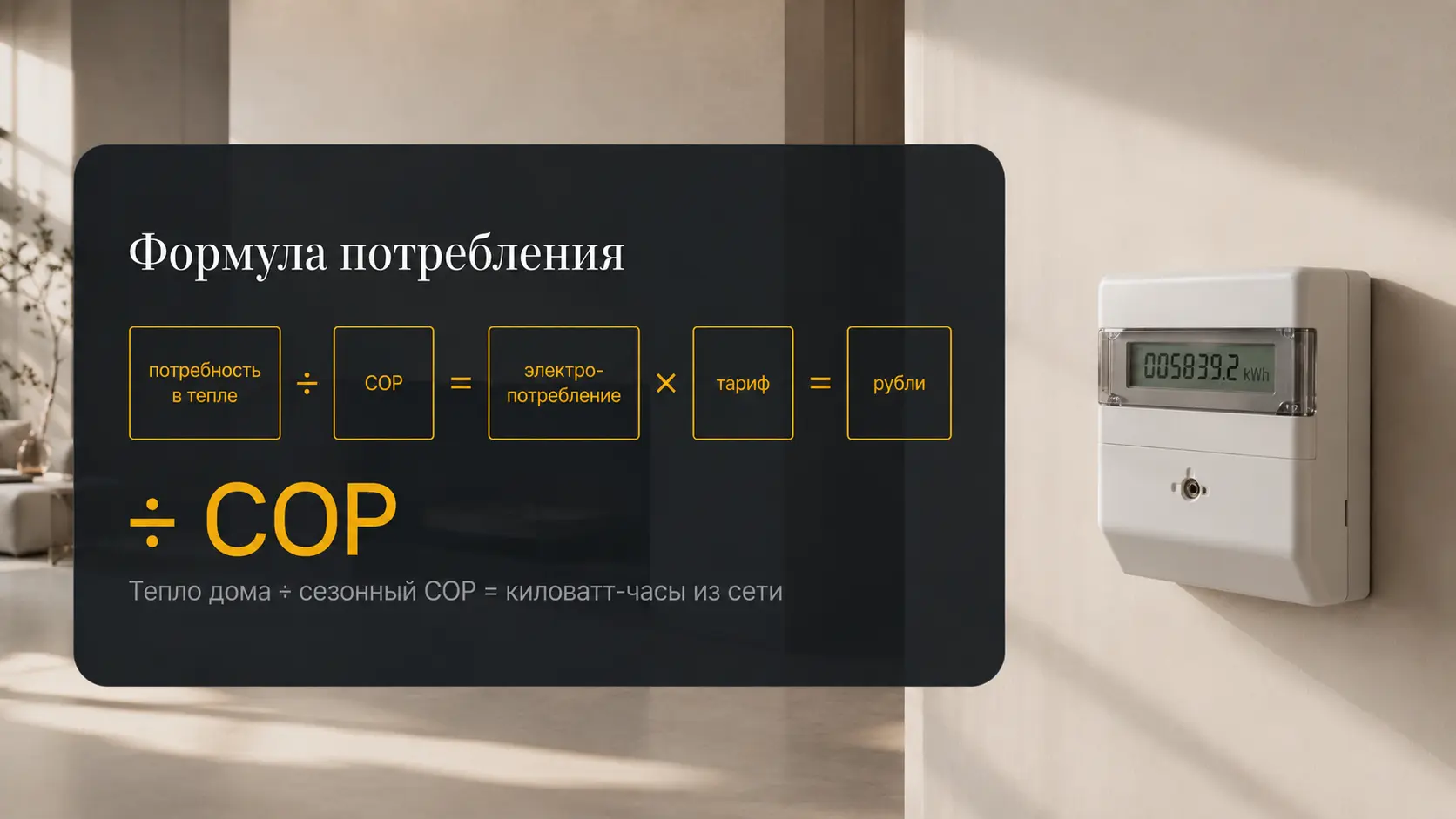 Формула расчёта потребления теплового насоса: потребность в тепле делить на COP равно электропотребление