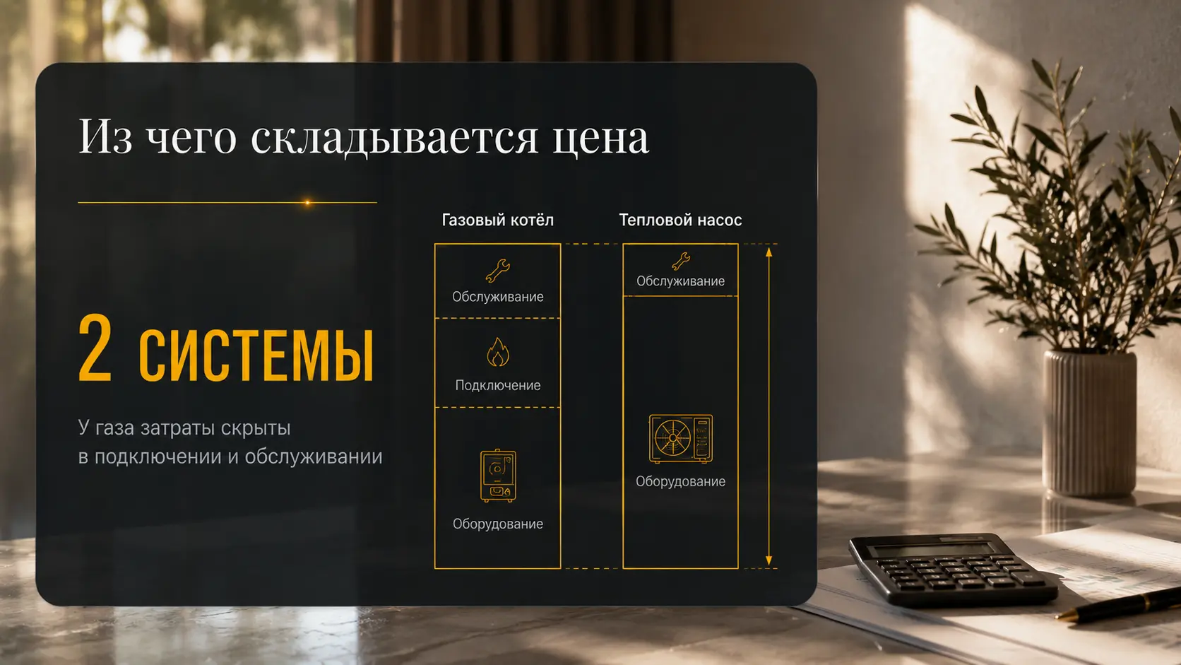 Сравнение состава затрат на газовый котёл и тепловой насос: подключение, оборудование, обслуживание