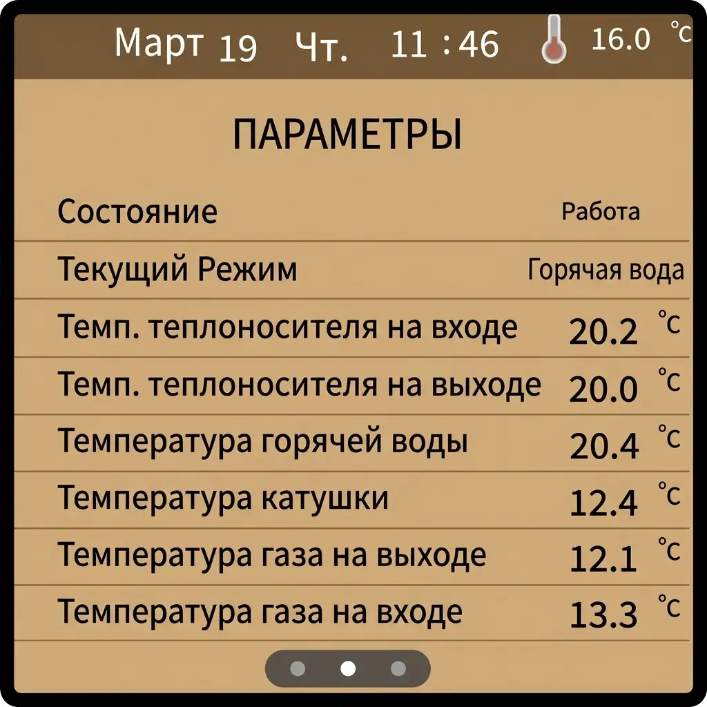 Экран контроллера: Состояние — Работа, режим — Горячая вода, температура теплоносителя 20.2°C